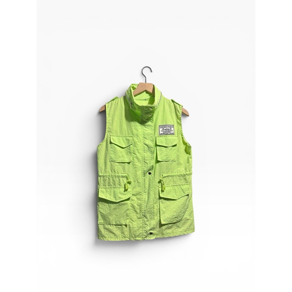 Denim Dungree Neon Lime Green Cargo Utility Vest Unisex Small Streetwear Zip Y2K